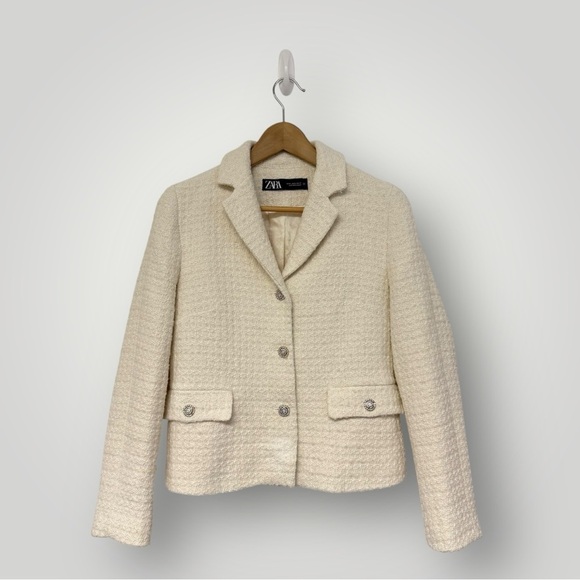 ZARA Cream / white blazer jacket Rhinestones Classy Simple Tweed Sz M - Picture 7 of 16